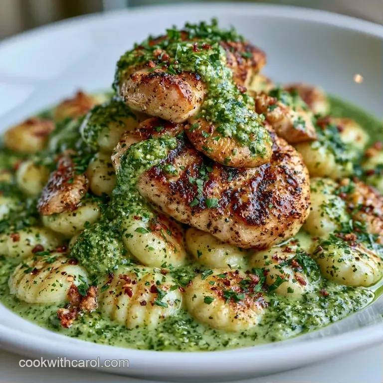 White ceramic bowl filled with pesto pasta and seared chicken, topped with shaved parmesan and fresh basil leaves.
