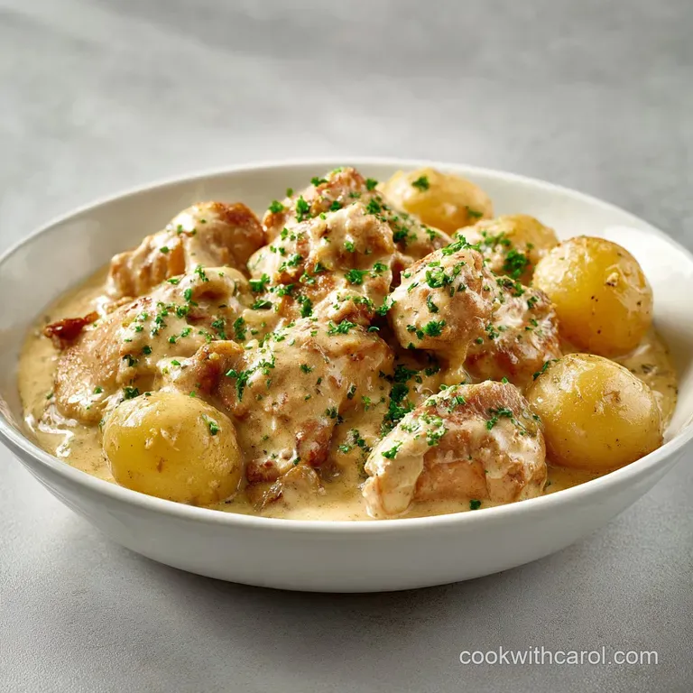 Tender chicken breasts in a silky garlic sauce, garnished with fresh green parsley on a clean white platter.