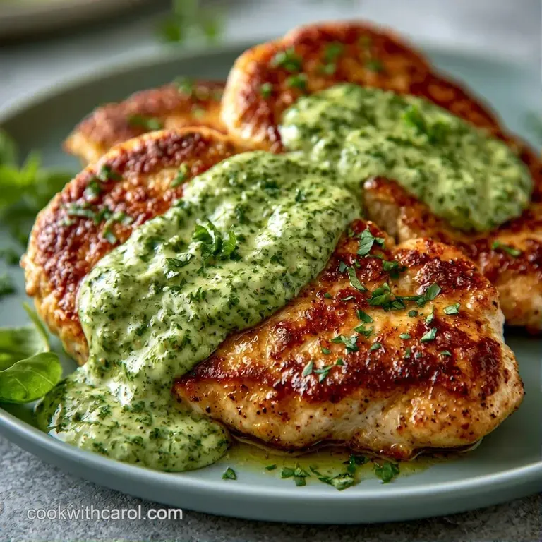 Sliced seared chicken fillets on a white plate, drizzled with a vibrant green creamy sauce and a sprig of basil.