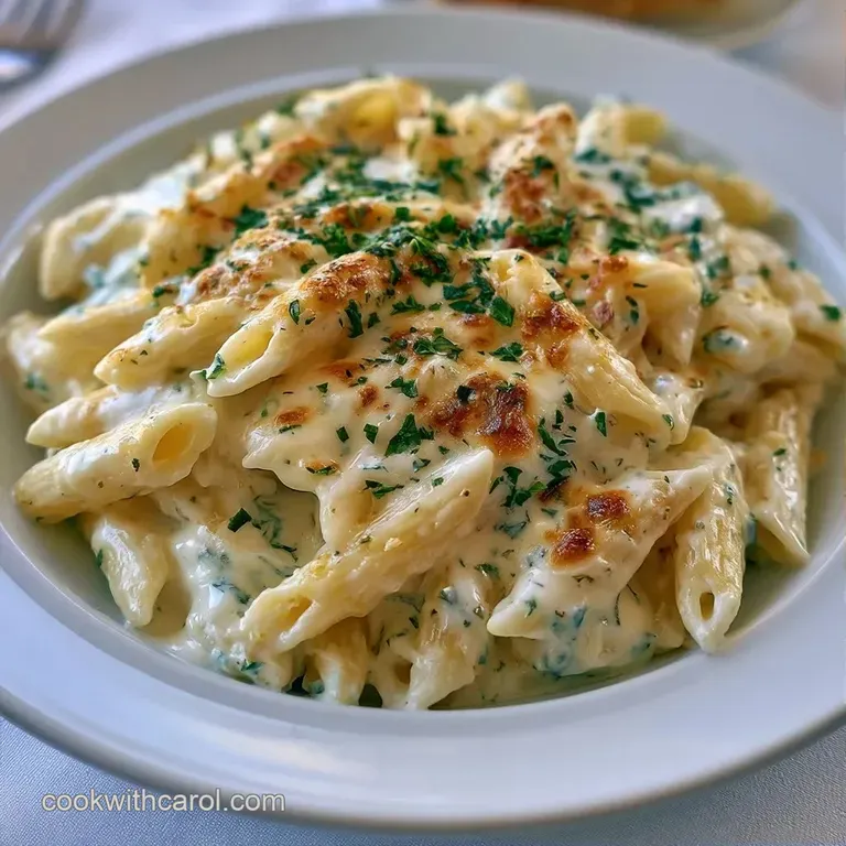 A white ceramic bowl filled with velvety pasta, garnished with lemon zest and a sprig of fresh basil on a marble table.