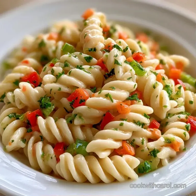 A neat scoop of creamy pasta salad garnished with a sprig of parsley on a white ceramic plate with a side fork