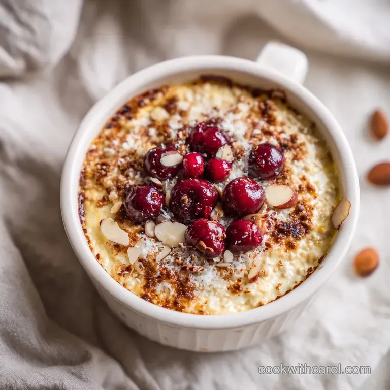 A glass jar filled with layered creamy oats and colorful fruit, elegantly garnished with mint.