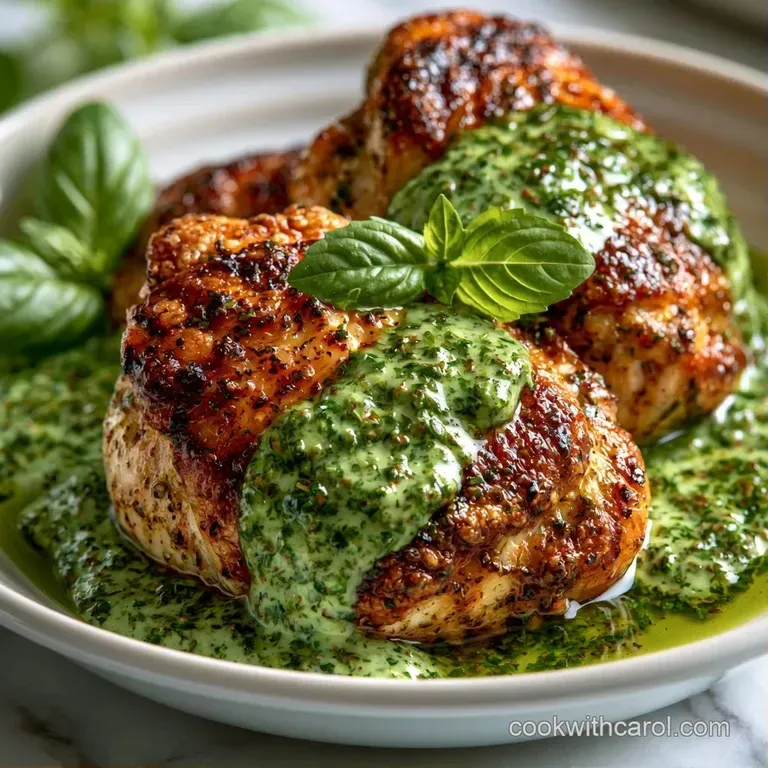 Golden seared chicken fillets in a velvety green sauce, elegantly plated with roasted cherry tomatoes and basil.