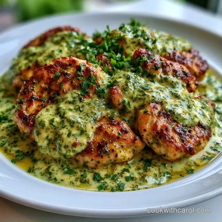 Sliced chicken breast draped in a rich green pesto cream sauce, plated on white porcelain with a sprig of basil