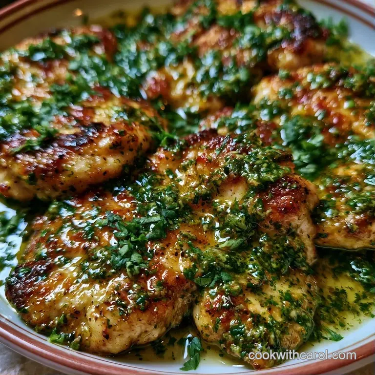 Tender chicken breast pieces smothered in vibrant green pesto sauce and bubbly toasted cheese in a white dish.