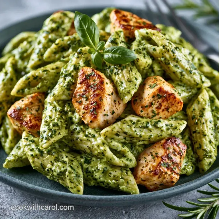 Elegant white bowl of vibrant green pasta topped with translucent parmesan shavings and a fresh sprig of basil.