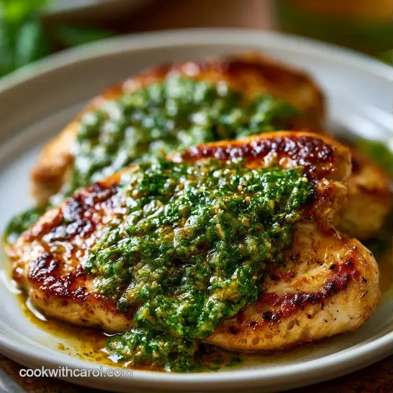 Sliced chicken over a swirl of vibrant green pesto cream sauce, garnished with fresh basil on a white ceramic plate.