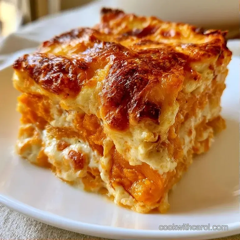 A precise slice of layered pasta with vibrant orange filling and creamy white sauce on a clean white ceramic plate.