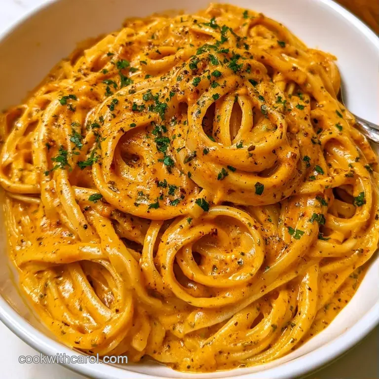 A neat swirl of orange-hued pasta topped with toasted pumpkin seeds and a sprig of sage on a matte grey plate.