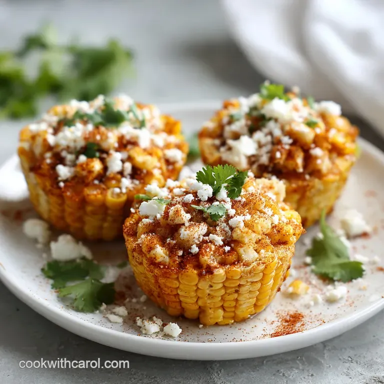 Miniature cups of buttery yellow corn topped with creamy white sauce, crumbled cheese, and a sprig of fresh cilantro.