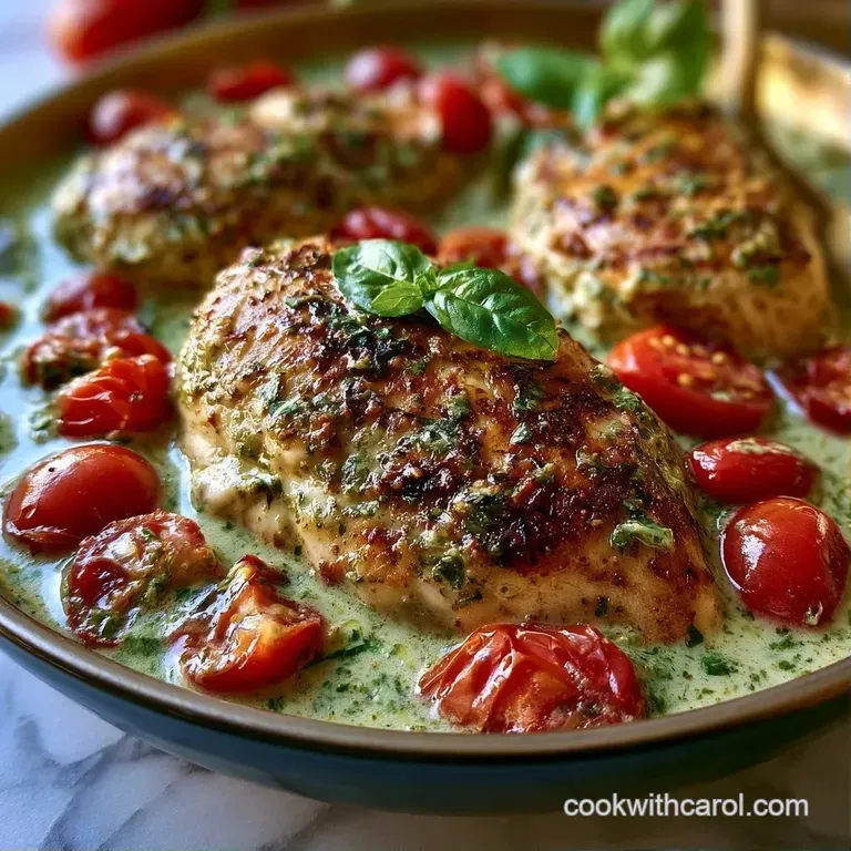 Elegant white plate featuring sliced chicken in creamy green sauce, garnished with fresh basil and parmesan.