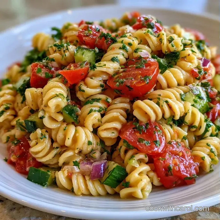 Vibrantly colored pasta tossed with diced vegetables in a white ceramic bowl, garnished with crumbled white cheese.