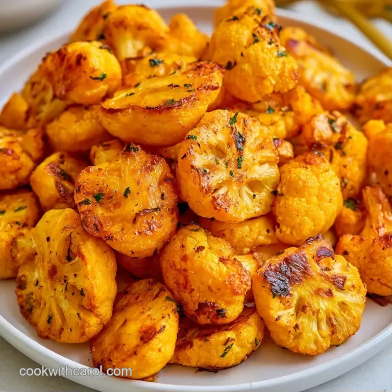 Vibrant orange cauliflower florets arranged on a slate plate, topped with a white crema and bright green herbs.