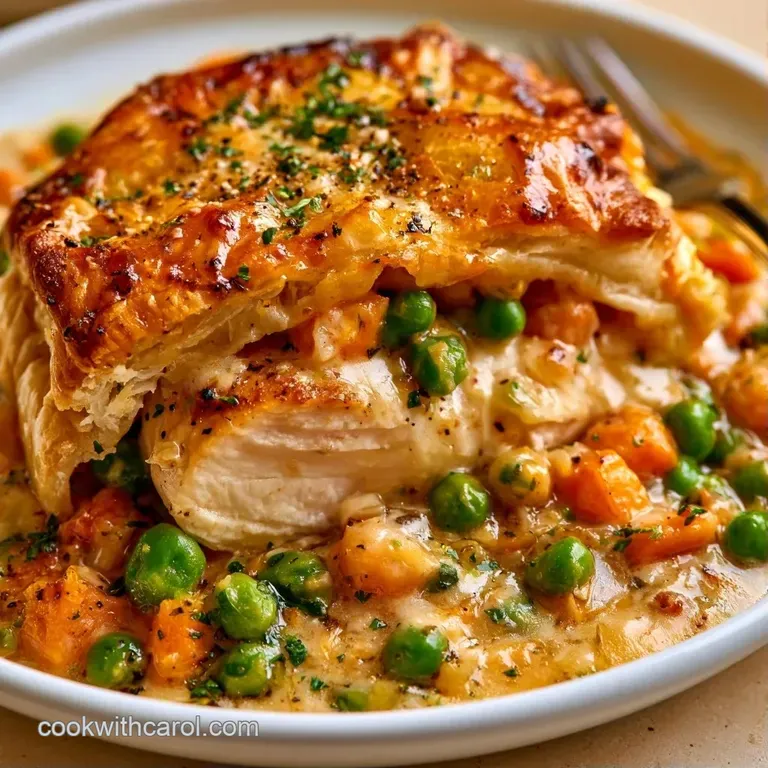 A slice of creamy pot pie on a white ceramic plate, showing tender peas and carrots beside a fresh parsley sprig.