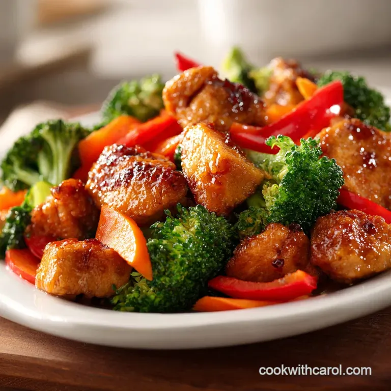 Vibrant medley of saut&eacute;ed chicken and crisp garden vegetables served in a ceramic bowl with sliced green onions.