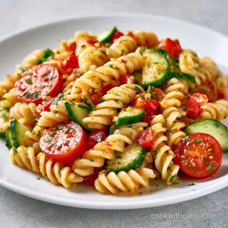 Bright pasta salad served in a wide white bowl, topped with fresh herbs on a bright, sunlit wooden table surface.