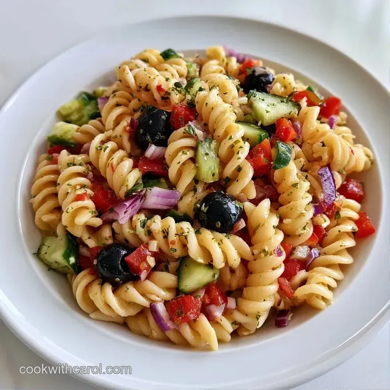 Bright pasta salad served in a white ceramic bowl with fresh parsley garnish on a light-colored wooden surface.