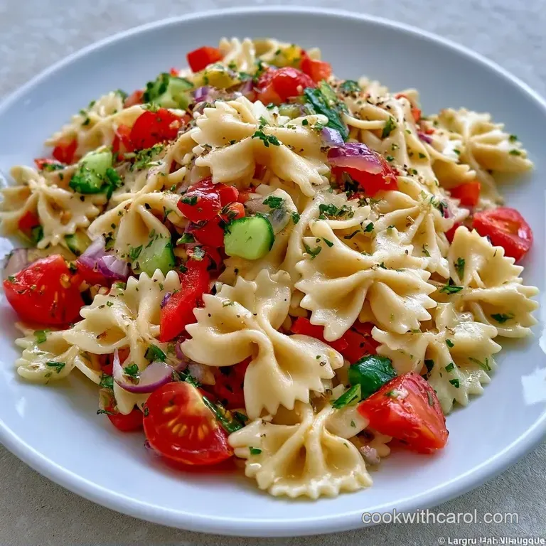 A vibrant medley of pasta bows and colorful vegetables served in a white ceramic bowl with a sprinkle of parmesan.