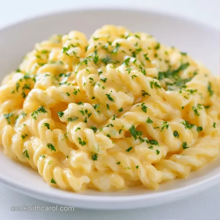 Glossy white pasta swirls in a ceramic bowl topped with bright microgreens and a light drizzle of olive oil.