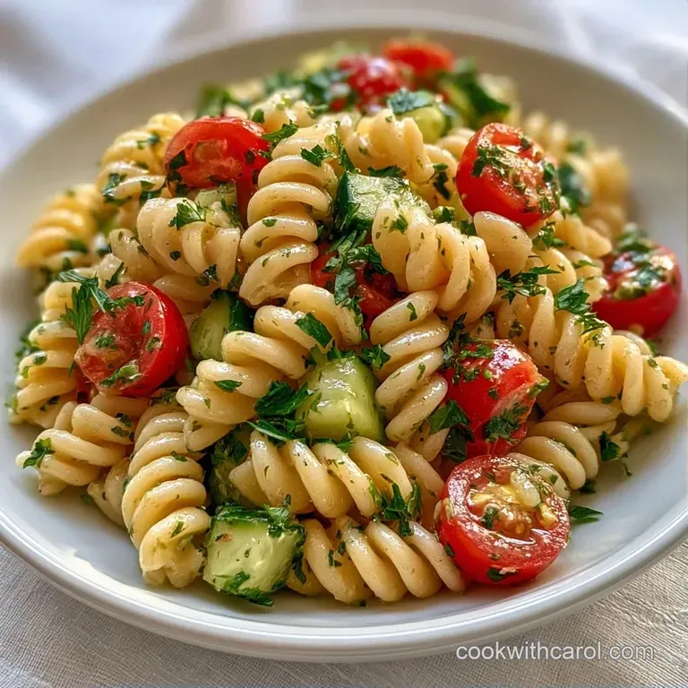 Chilled pasta swirls topped with shaved parmesan and fresh parsley leaves served in a modern matte ceramic bowl.
