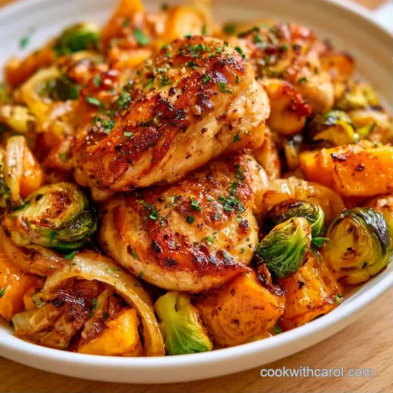 Sliced juicy chicken breast and tender orange squash cubes arranged neatly on a matte white ceramic plate.