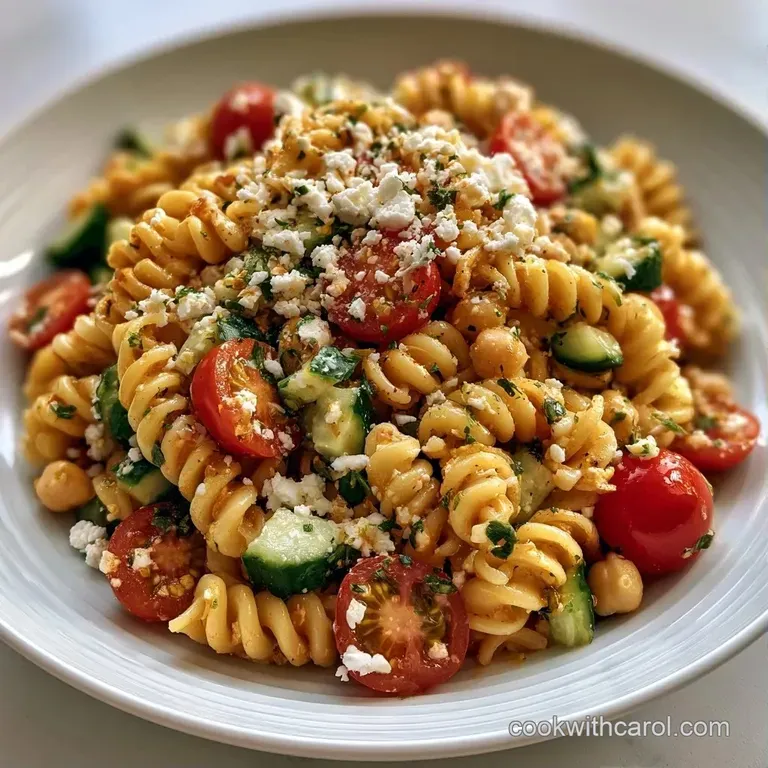 A bright ceramic bowl filled with spiral pasta, chickpeas, and minced green herbs, topped with a sprig of fresh basil.