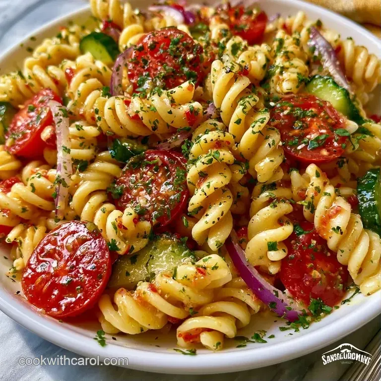 Vibrant pasta salad served in a wide ceramic bowl, garnished with fresh parsley and cracked black pepper.