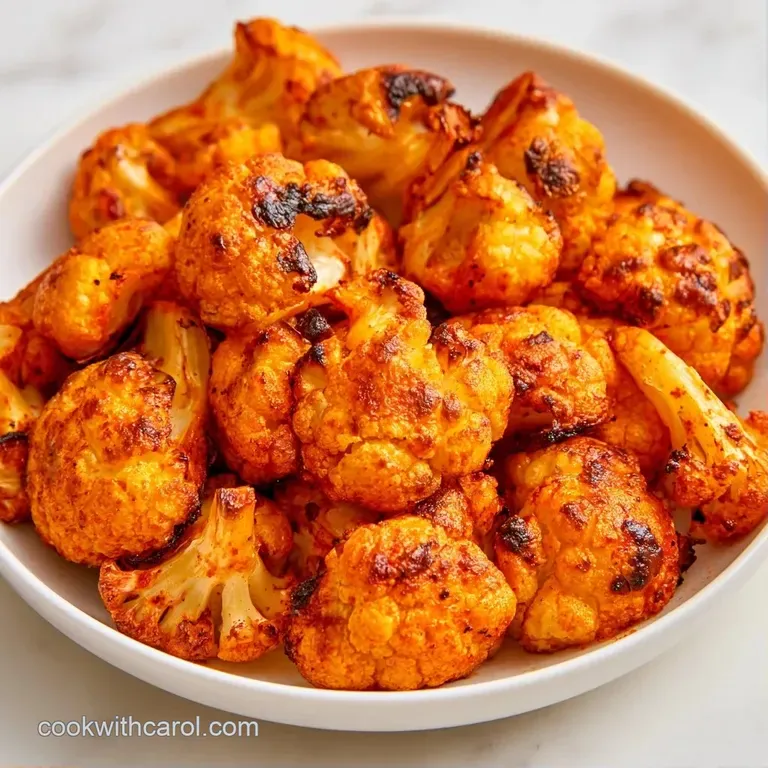 Golden-brown roasted cauliflower florets neatly piled on a matte black plate with a dollop of creamy dipping sauce.