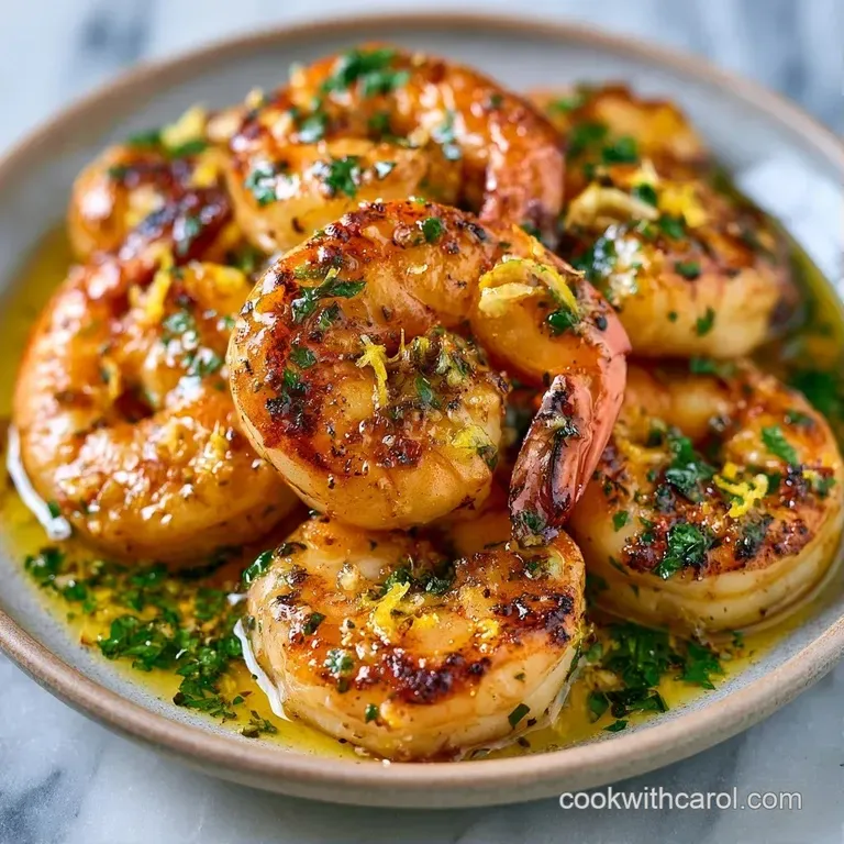 Perfectly seared pink shrimp arranged in a circle on a white ceramic plate with lemon slices and fresh herbs.