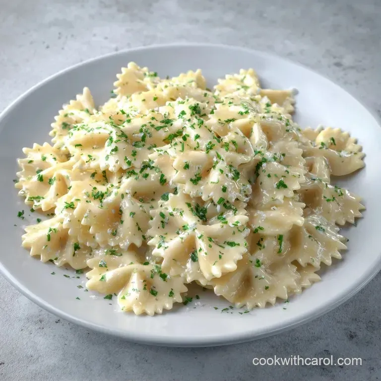 A white ceramic bowl filled with creamy pasta, garnished with chopped herbs and shaved parmesan cheese curls.