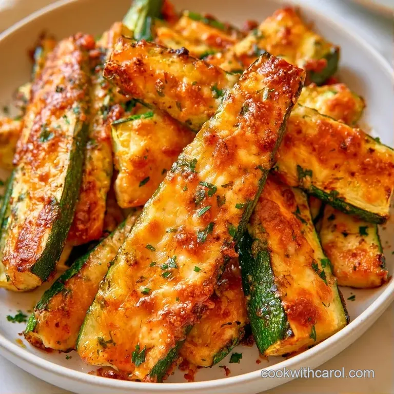 Neatly stacked zucchini rounds drizzled with melted butter and dusted with grated parmesan on a matte black dish.