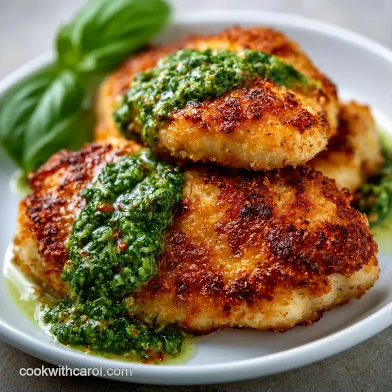 Seared chicken thighs topped with emerald pesto, served on a white plate with a side of roasted baby carrots.
