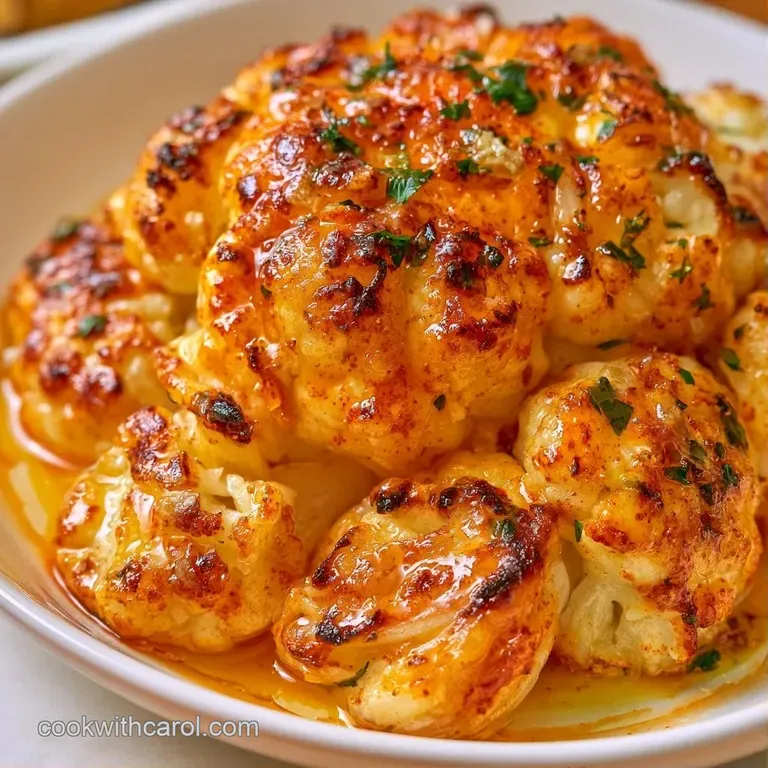 A thick slice of caramelized cauliflower on a white ceramic plate, drizzled with creamy sauce and fresh green herbs.