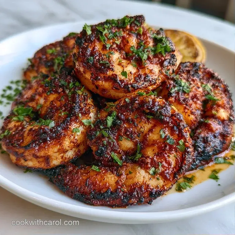 Darkly seasoned shrimp arranged in a neat circle on a white plate, garnished with microgreens and a lime slice.