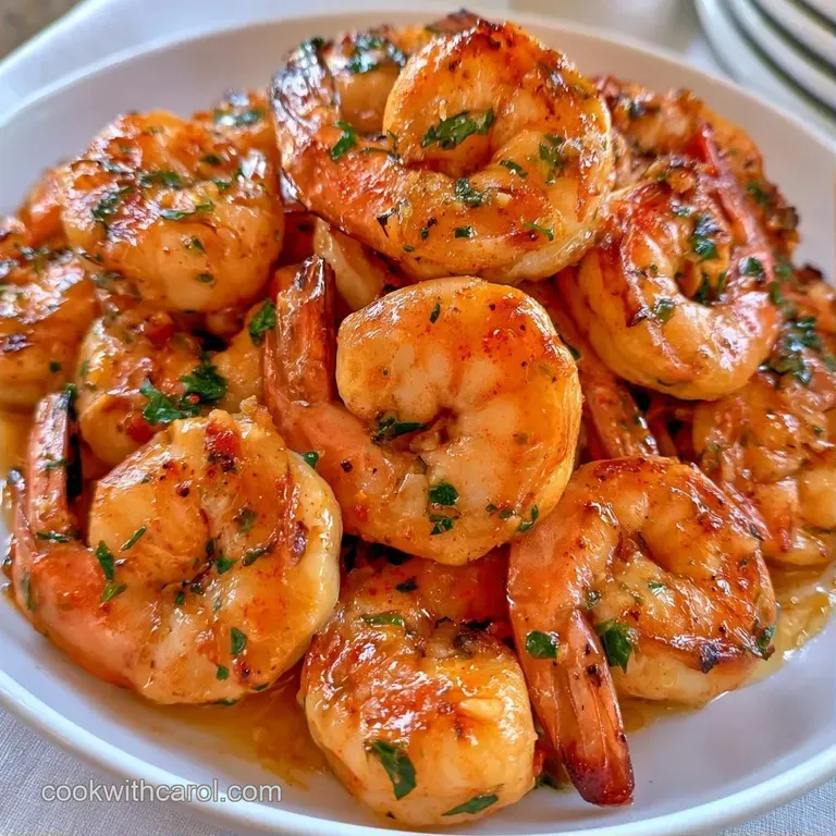 Plump, charred shrimp arranged in a circle on a white plate with a golden olive oil drizzle and fresh herbs.