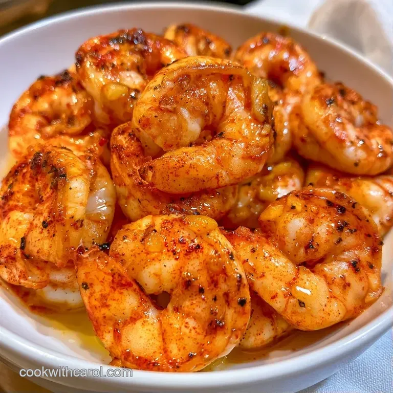 Pink grilled shrimp arranged on a white ceramic plate, garnished with fresh chopped parsley and a lemon slice.