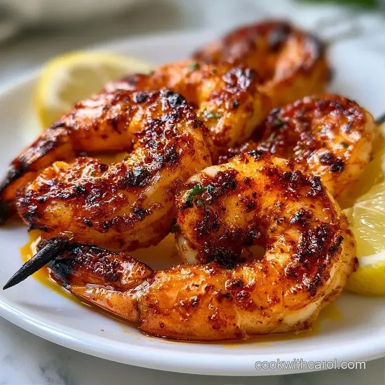Three skewers of plump pink shrimp and charred zucchini resting on a white ceramic plate with lemon wedges.