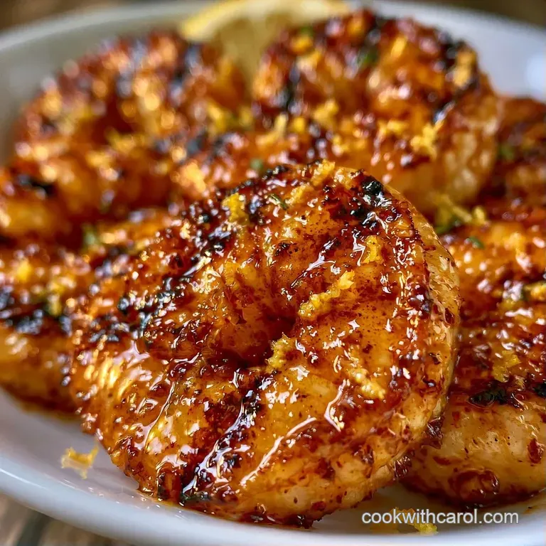 Charred pink shrimp arranged in a circle on a white ceramic plate with fresh lemon wedges and a sprig of green herbs.