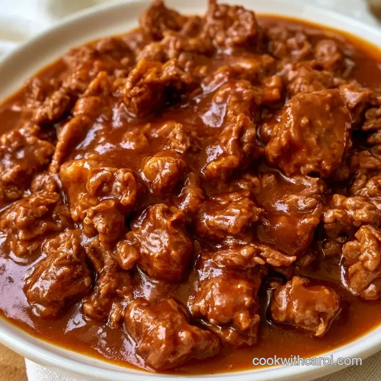 Brown savory meat simmered in glossy sauce, garnished with fresh green parsley on a modern matte black dinner plate.