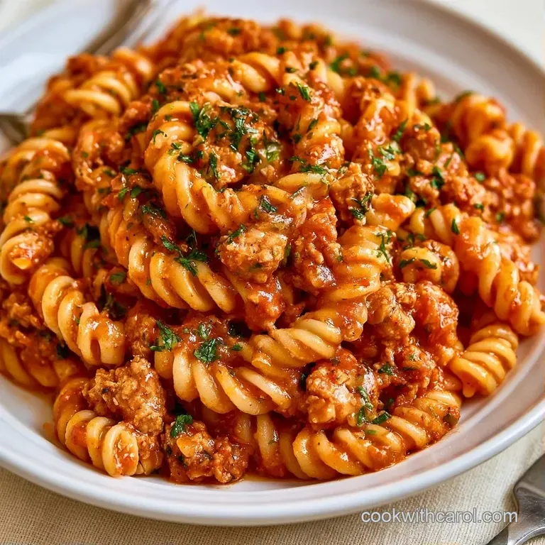 A white bowl of saucy pasta and browned turkey, garnished with fresh herbs and a dusting of grated parmesan.