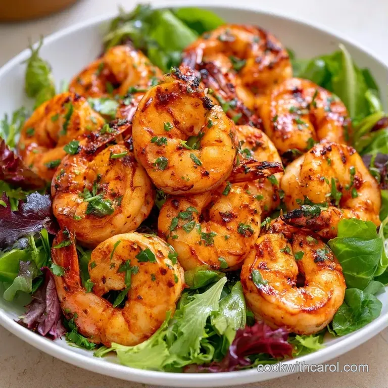 Plump grilled prawns arranged on a bed of fresh arugula in a white bowl, drizzled with a lemon-herb vinaigrette.