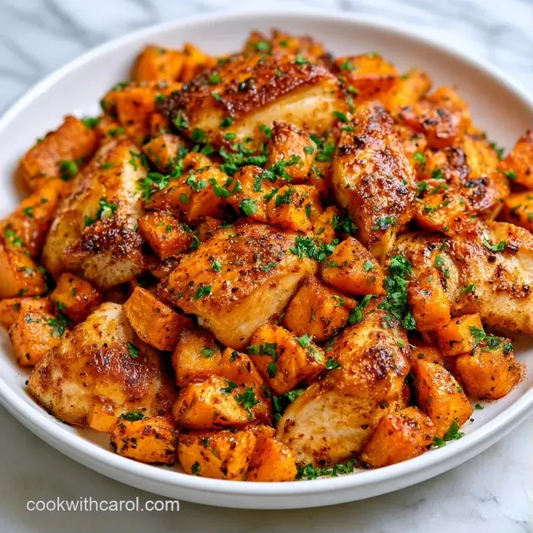Neatly stacked cubes of orange sweet potato drizzled with creamy white sauce and a sprinkle of green parsley