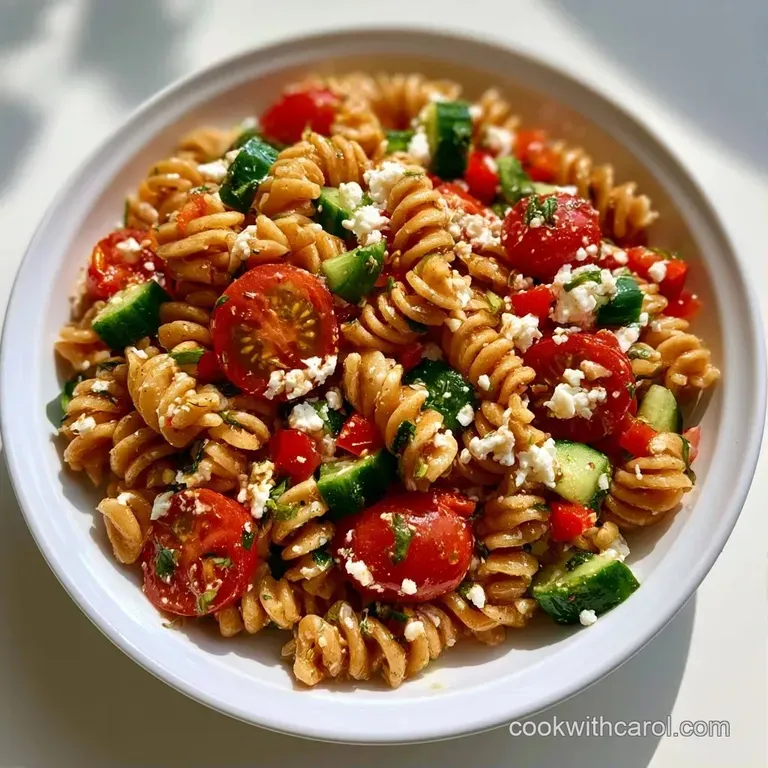 A bright ceramic bowl filled with mixed pasta, diced peppers, and crumbled feta topped with a sprig of parsley.