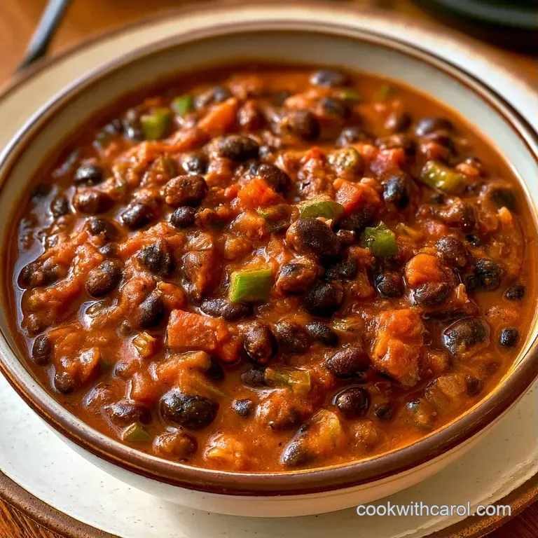 A rustic wooden table featuring a dark bean stew in a matte black bowl next to a slice of warm, crusty bread.