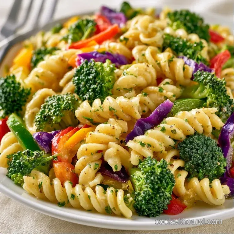 Vibrant pasta salad in a white ceramic bowl topped with shaved parmesan and a sprig of fresh parsley.