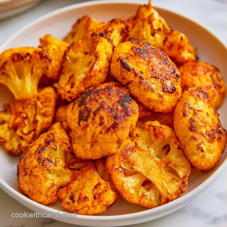 Golden cauliflower florets arranged on a white plate, drizzled with creamy sauce and topped with fresh green cilantro.