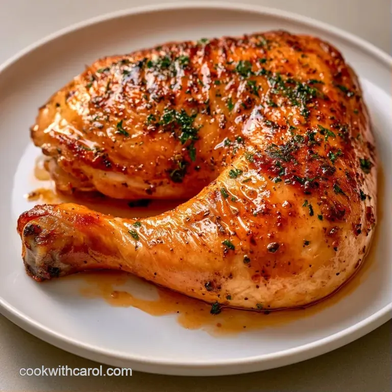 Glistening chicken drumsticks on a white ceramic plate, garnished with roasted garlic and a sprig of fresh parsley.
