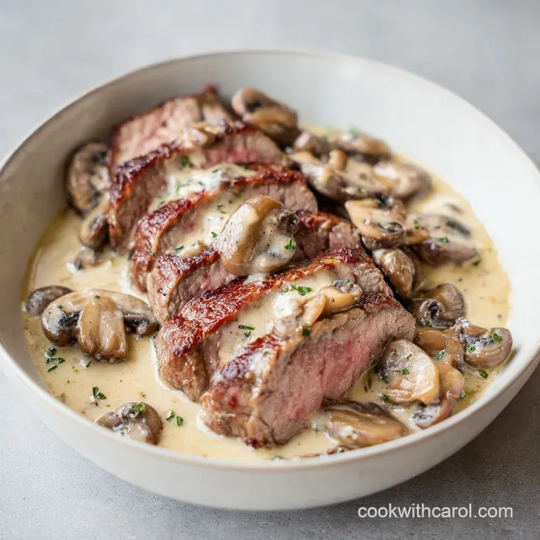 Elegant white plate with a mound of buttery noodles topped with tender beef in a glossy, creamy mushroom sauce.