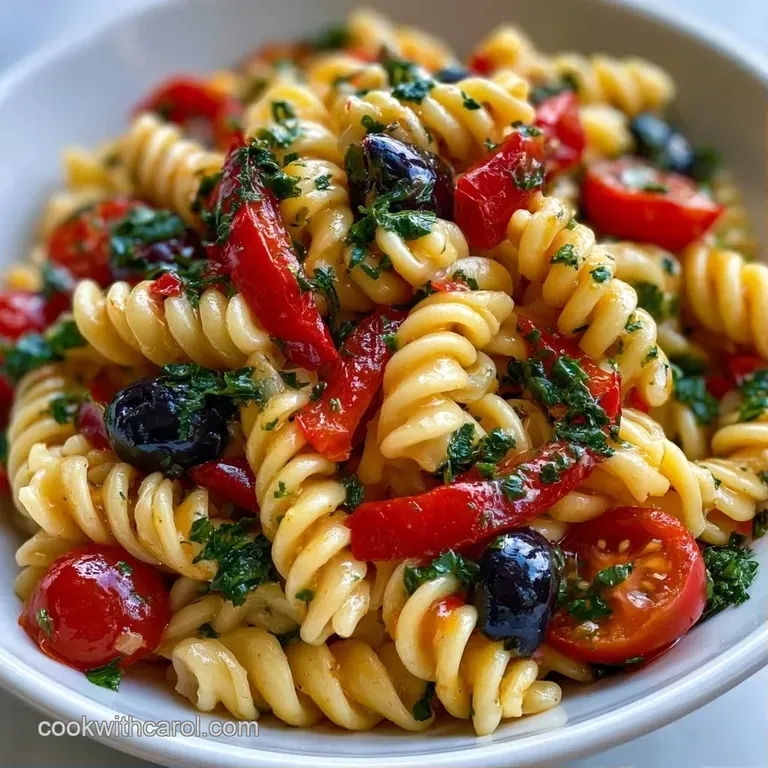Colorful spiral pasta with diced vegetables served in a wide ceramic bowl, topped with fresh green parsley leaves.