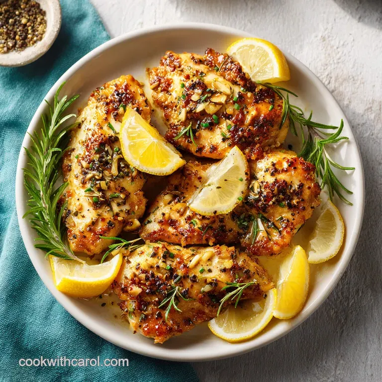 Tender chicken breast, glazed with vibrant lemon-garlic sauce, artfully arranged with fresh parsley.